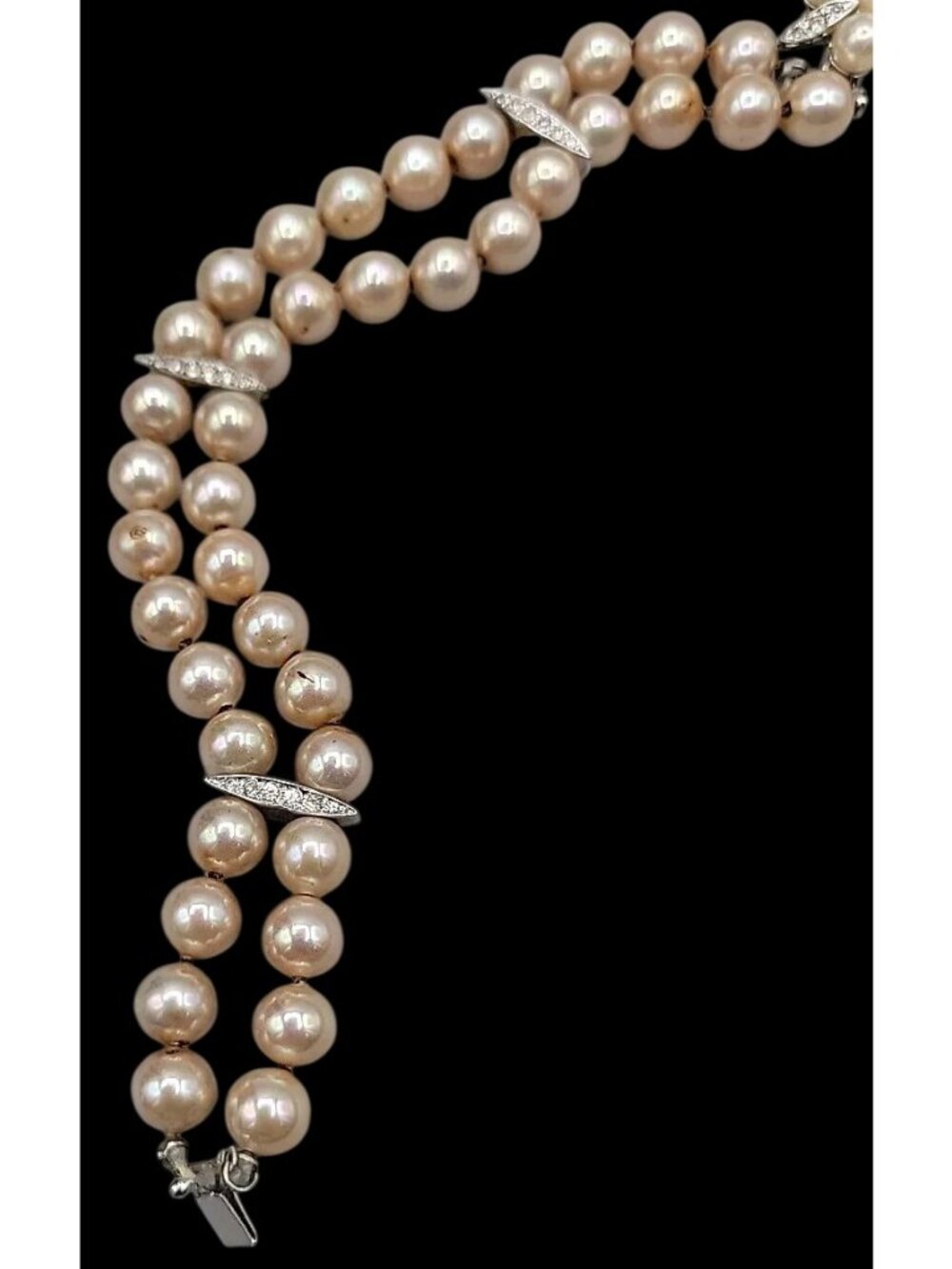 Vintage Panetta Double Strand Champagne Faux Pearl Bracelet Rhinestone Clasp - Picture 7 of 16